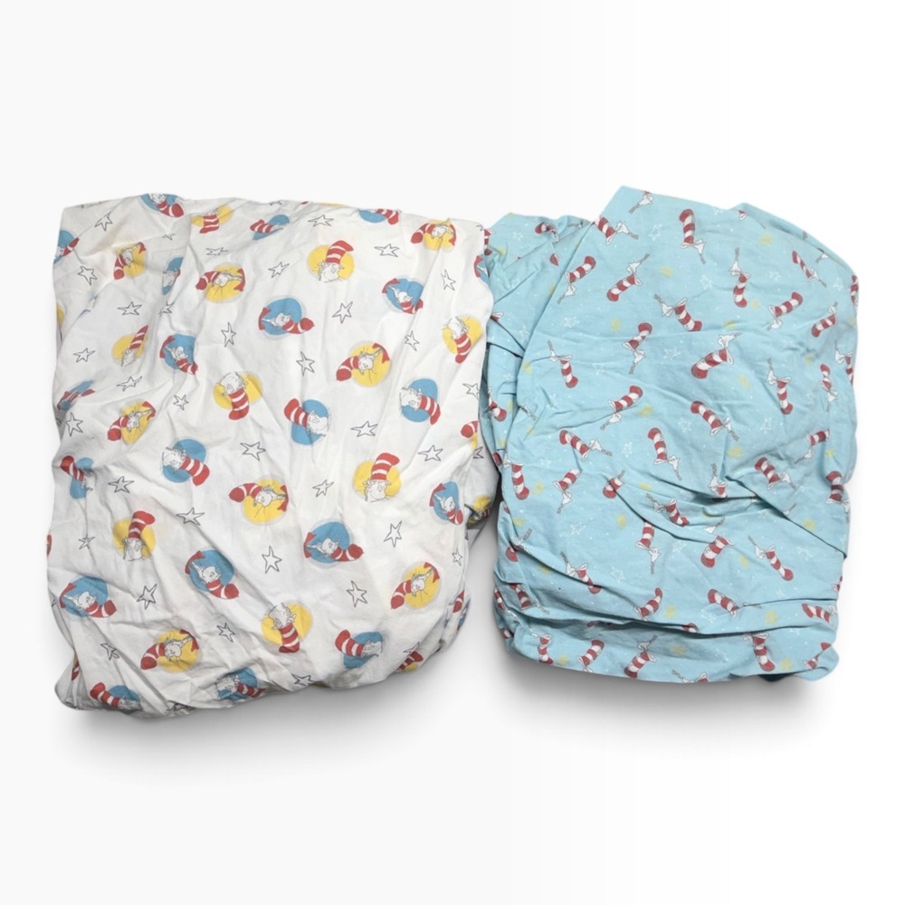Dr Seuss Cat in the Hat Crib Bed Sheets Set Blue White Stars Red Stripe Hat